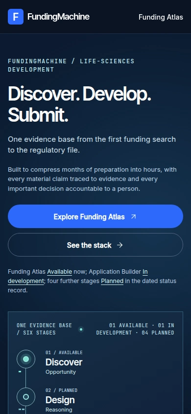 A dated production-mode FundingMachine homepage capture shows the living Atlas globe and illustrative Profile A with sourced programme signals.